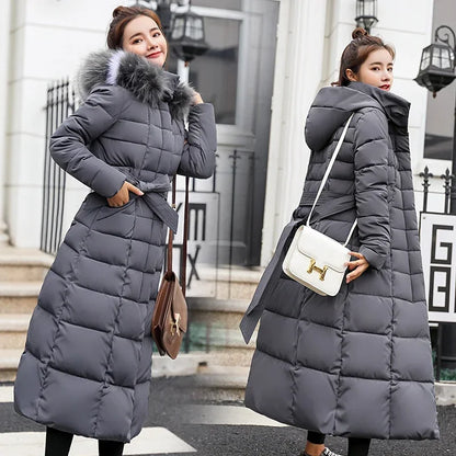 2025 New Winter Jacket Women'S Warm Fashion Bow Belt Fox Fur Collar Coat Long Dress Women'S Thick Coat