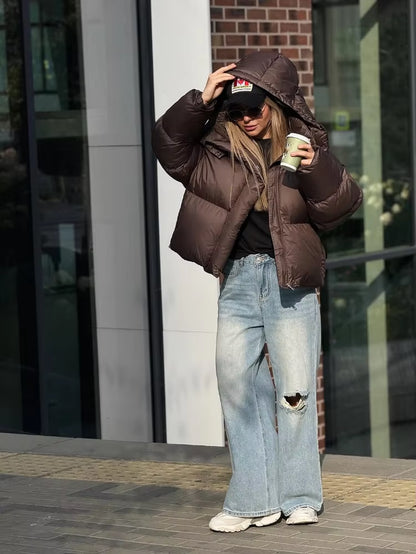 Women Brown Hooded Cotton Coat Fashion Lapel Full Sleeve Zipper Button Warm Loose Short Coats Lady Winter Casual Street Outwear