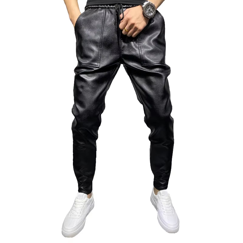 PU Leather Motorcycle Pants Men High Quality Winter Korean Luxury Clothing Big Size Windproof Casual Warm Men'S Trousers Black