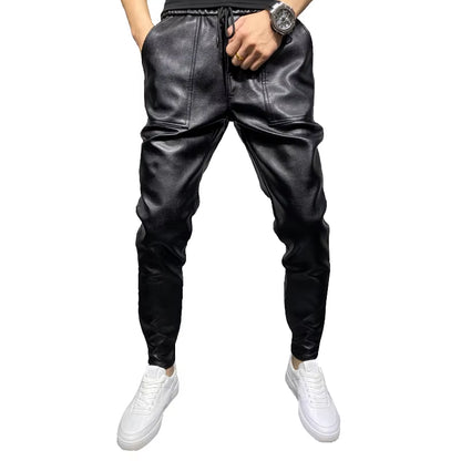 PU Leather Motorcycle Pants Men High Quality Winter Korean Luxury Clothing Big Size Windproof Casual Warm Men'S Trousers Black