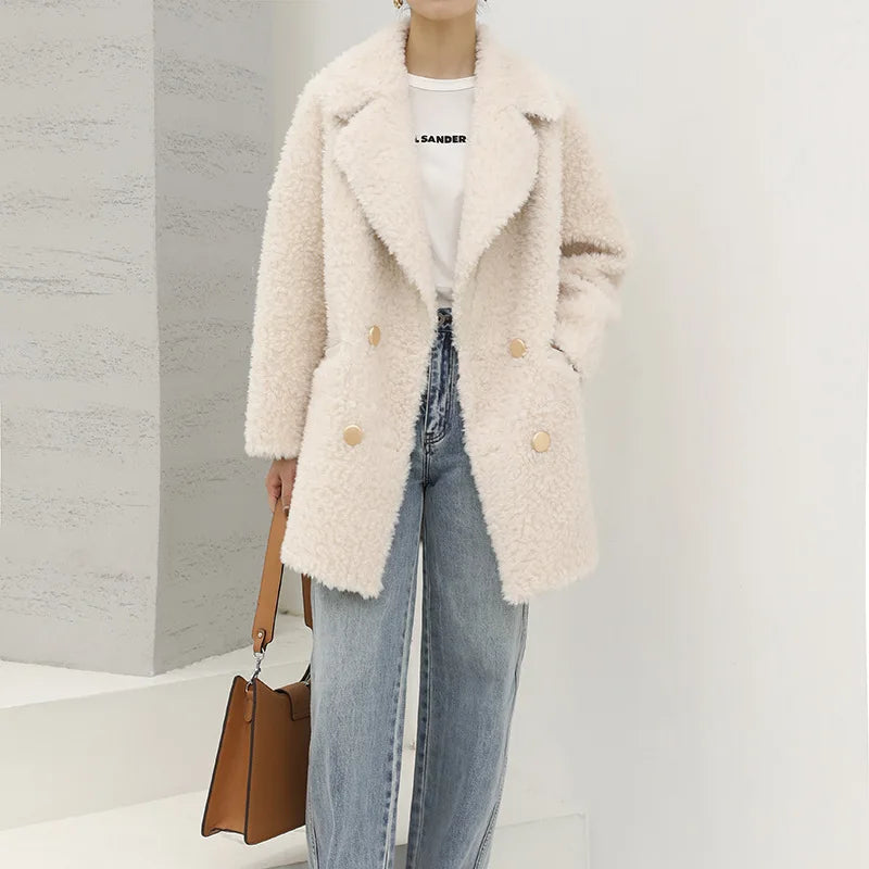 MENINA BONITA 2025 New Luxury Winter Jacket Women'S Coat Double-Breasted Woven Real Natural Wool Fur Lapel Warm Loose Outerwear