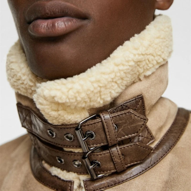 Warm Winter High-Quality Lapel Suede Cashmere Piping Double-Sided Motorcycle Punk Warm Winter Leather Jacket for Men Warm Winte