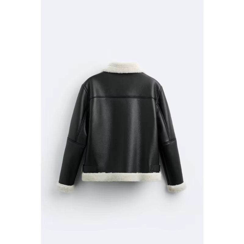 Warm Winter High-Quality Lapel Suede Cashmere Piping Double-Sided Motorcycle Punk Leather Jacket for Men