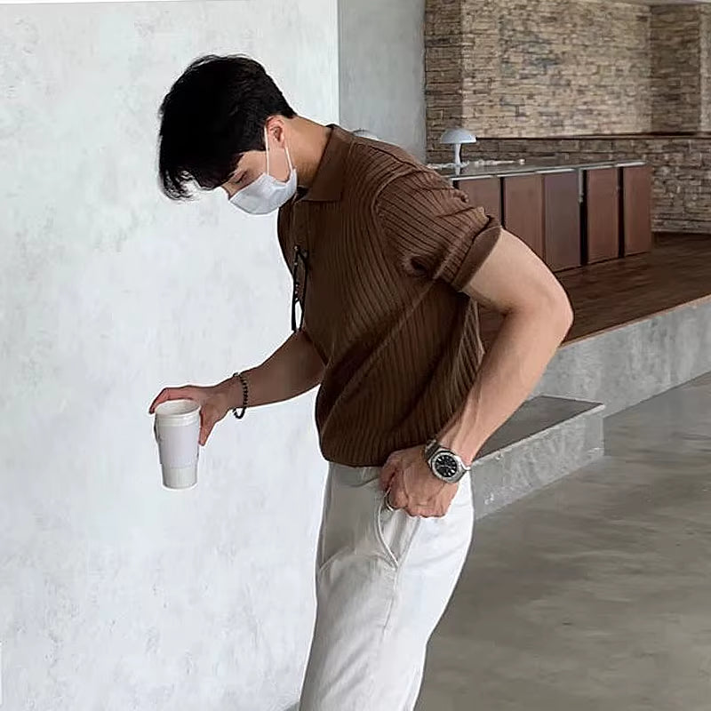New Men Korean Style Polo Shirt Luxury Leisure Knited T-Shirt Casual Striped Solid Color Short Sleeve Breathable Retro Knitwear