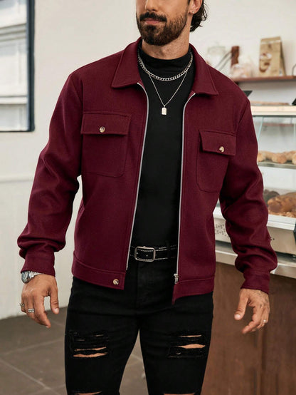Manfinity Homme Men'S Casual Solid Color Short Style Jacket, Autumn , Red Winter Men Jacket, Fall , Men'S Long Sleeve Zip up Jacket, Burgundy Jacket Men, Christmas