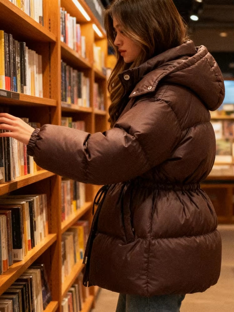 Casual Hooded Cotton Short Jacket Women Stand Collar Zipper Long Sleeve Lace up Loose Warm Coats 2025 Winter Lady Chic Outwear