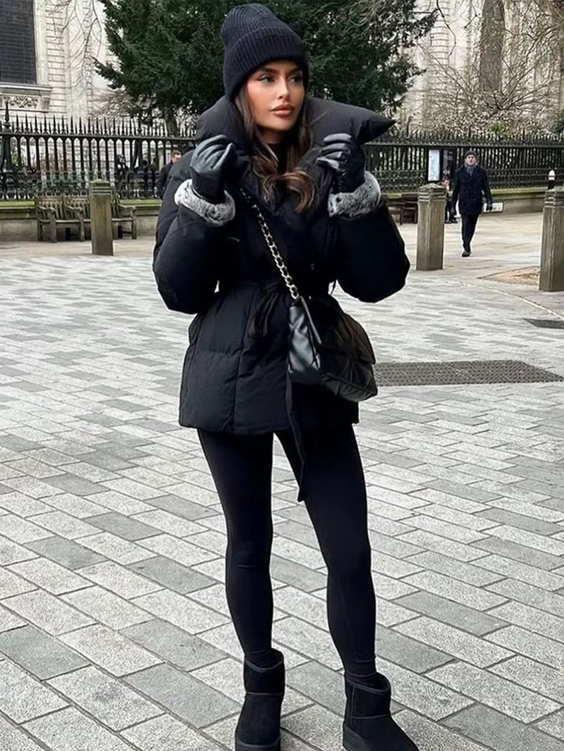 Solid Color Lapel Tied Cotton Coat Women Fashionable Long Sleeved Waist Cinched Warm Jacket Lady Casual Commute Winter Outwear