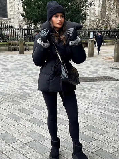 Solid Color Lapel Tied Cotton Coat Women Fashionable Long Sleeved Waist Cinched Warm Jacket Lady Casual Commute Winter Outwear