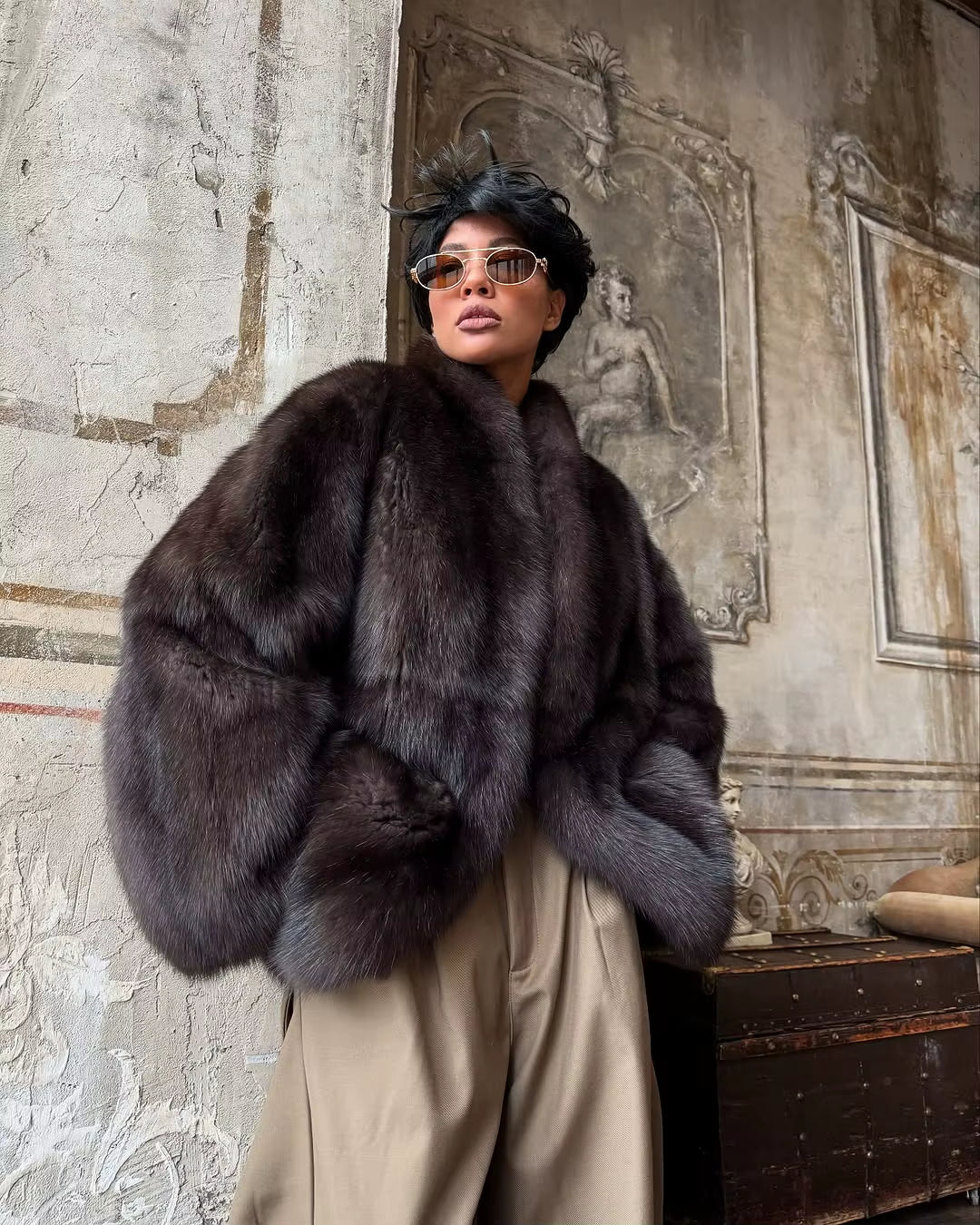 Brown Medium-Length Fur Coat Women Lapel Hidden Button Loose Elegant Outerwear 2025 Fashion Office Lady Commute Overcoat New