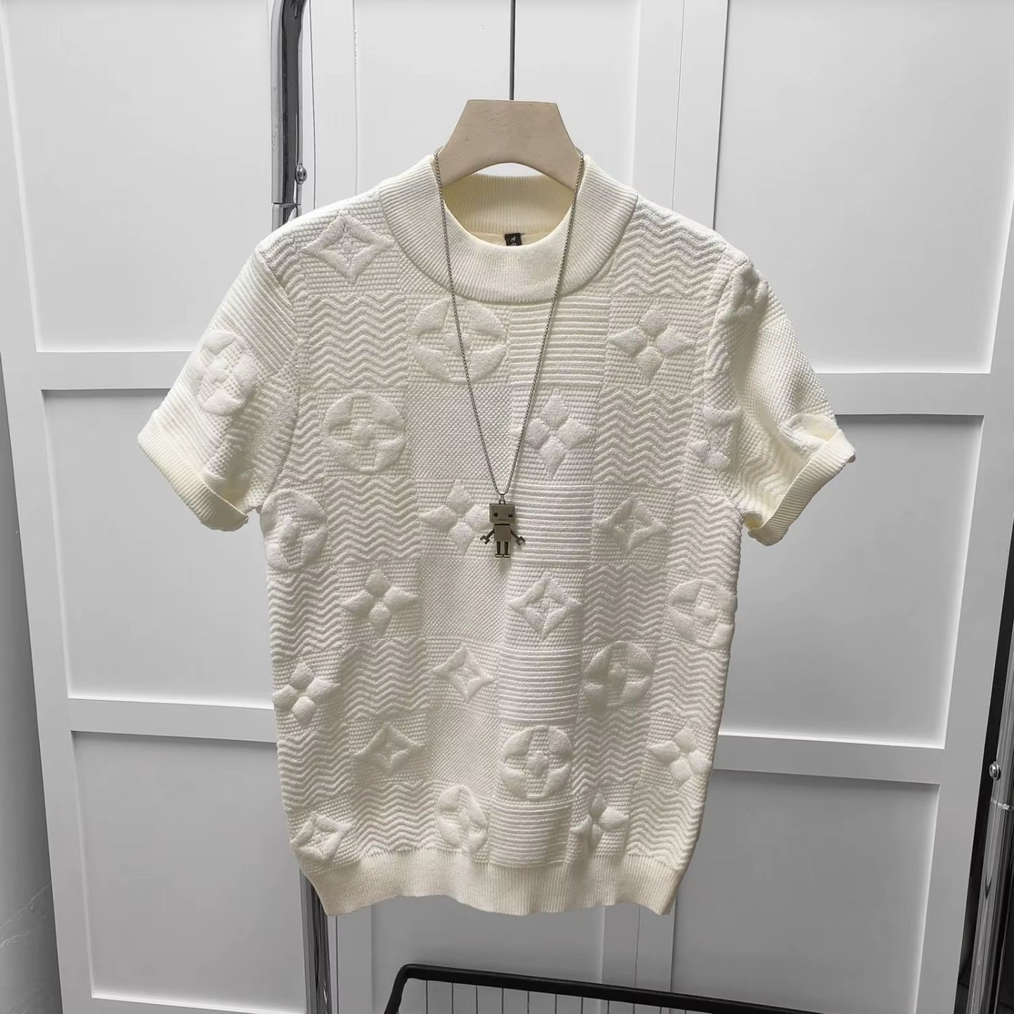 Light Luxury Knitted Sweater Short-Sleeved T-Shirt Young Men'S Trend Fashion Simple Jacquard Half-Sleeved Sweater