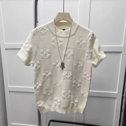 Light Luxury Knitted Sweater Short-Sleeved T-Shirt Young Men'S Trend Fashion Simple Jacquard Half-Sleeved Sweater