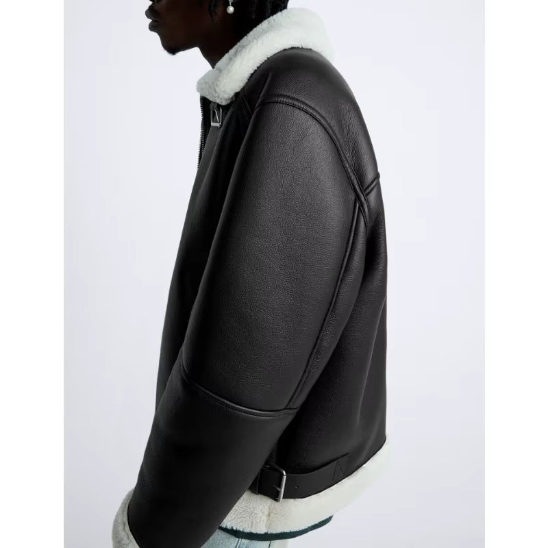 Warm Winter High-Quality Lapel Suede Cashmere Piping Double-Sided Motorcycle Punk Leather Jacket for Men