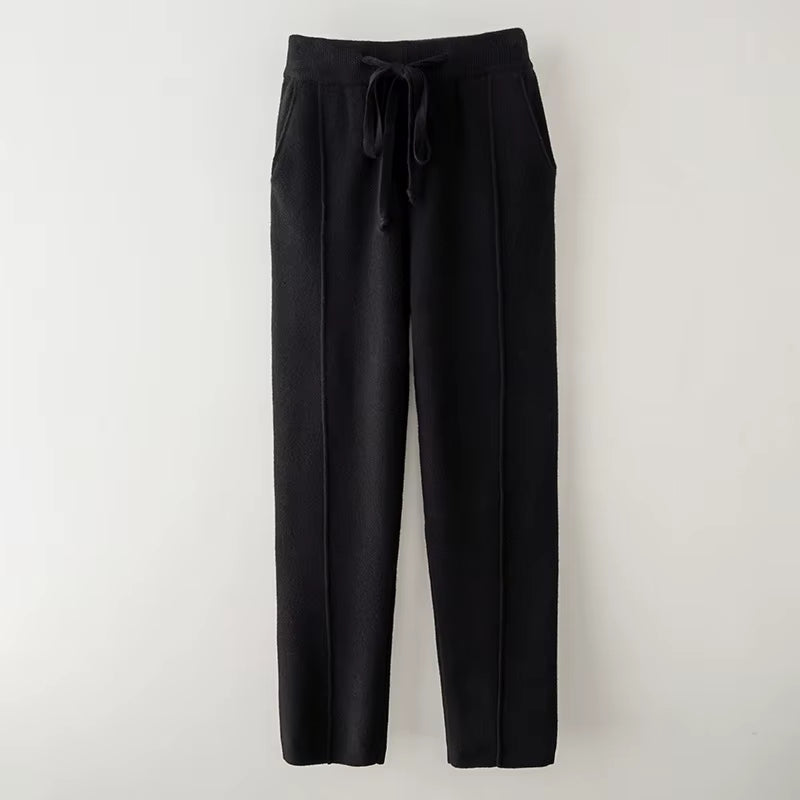Autumn Winter Women'S Wool Pants Heavyweight Knitted Casual Pants Women Solid Color Drawstring Straight Warm Trousers 100% Wool
