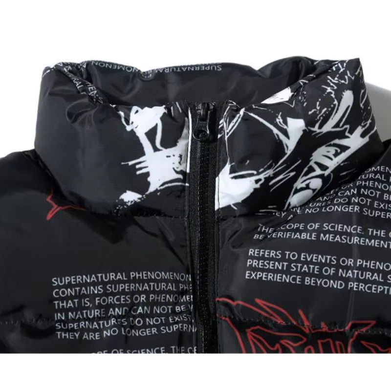 Winter Warm Parkas Jacket Men Comics Graffiti Street Harajuku Thicken Zipper Stand Collar Padded Jacket Loose Casual Coat Unisex