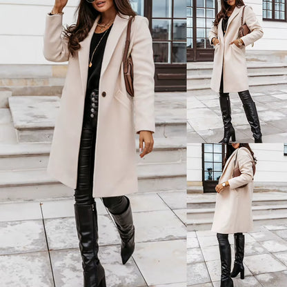 HOT SALES New Arrival Casual Women Autumn Winter Pocket Lapel Overcoat Button Warm Long Coat Jacket Khaki/Light Grey/Black/Beige