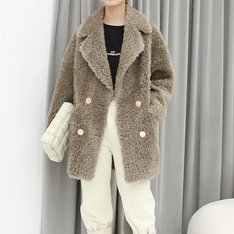 MENINA BONITA 2025 New Luxury Winter Jacket Women'S Coat Double-Breasted Woven Real Natural Wool Fur Lapel Warm Loose Outerwear