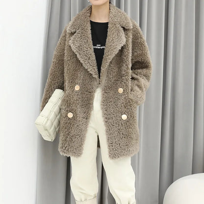 MENINA BONITA 2025 New Luxury Winter Jacket Women'S Coat Double-Breasted Woven Real Natural Wool Fur Lapel Warm Loose Outerwear