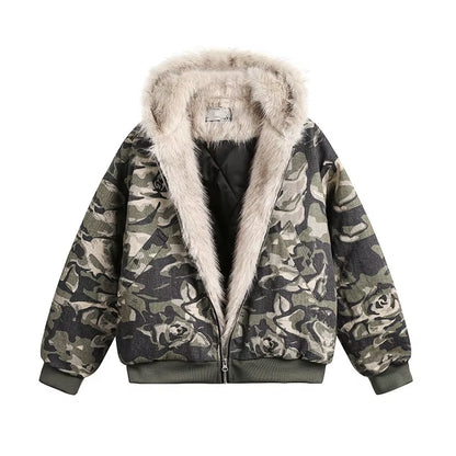 Thickened American Washed Camouflage Hooded Jacket Cotton Coat 2025 Winter New Style Men'S Padded Fur Collar Coat Youth Popular