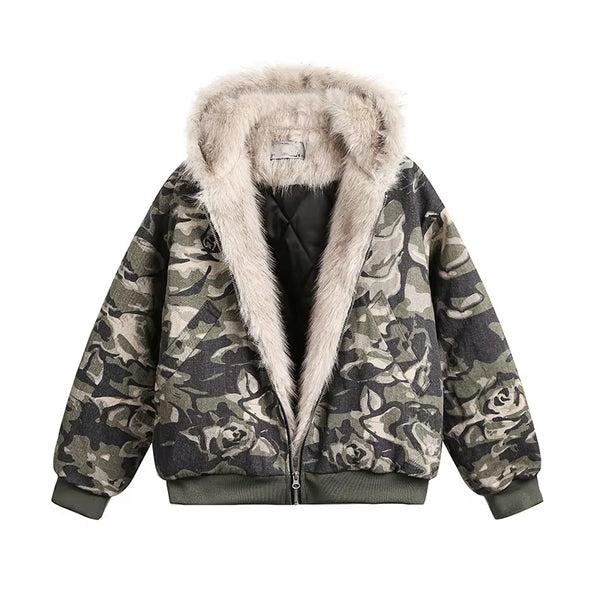 Thickened American Washed Camouflage Hooded Jacket Cotton Coat 2025 Winter New Style Men'S Padded Fur Collar Coat Youth Popular
