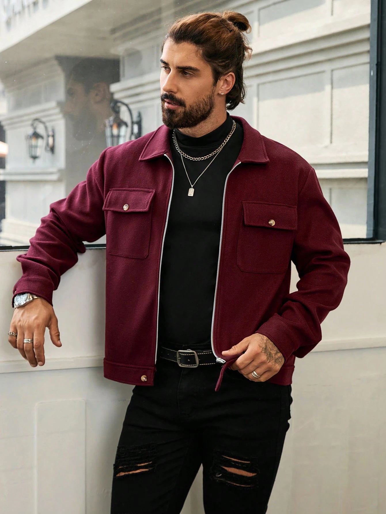 Manfinity Homme Men'S Casual Solid Color Short Style Jacket, Autumn , Red Winter Men Jacket, Fall , Men'S Long Sleeve Zip up Jacket, Burgundy Jacket Men, Christmas