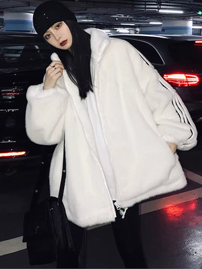 Nerazzurri Zip up Oversized Soft Warm Fluffy Faux Fur Jacket Long Sleeve Color Block Winter Fur Coats for Women Fashion Style