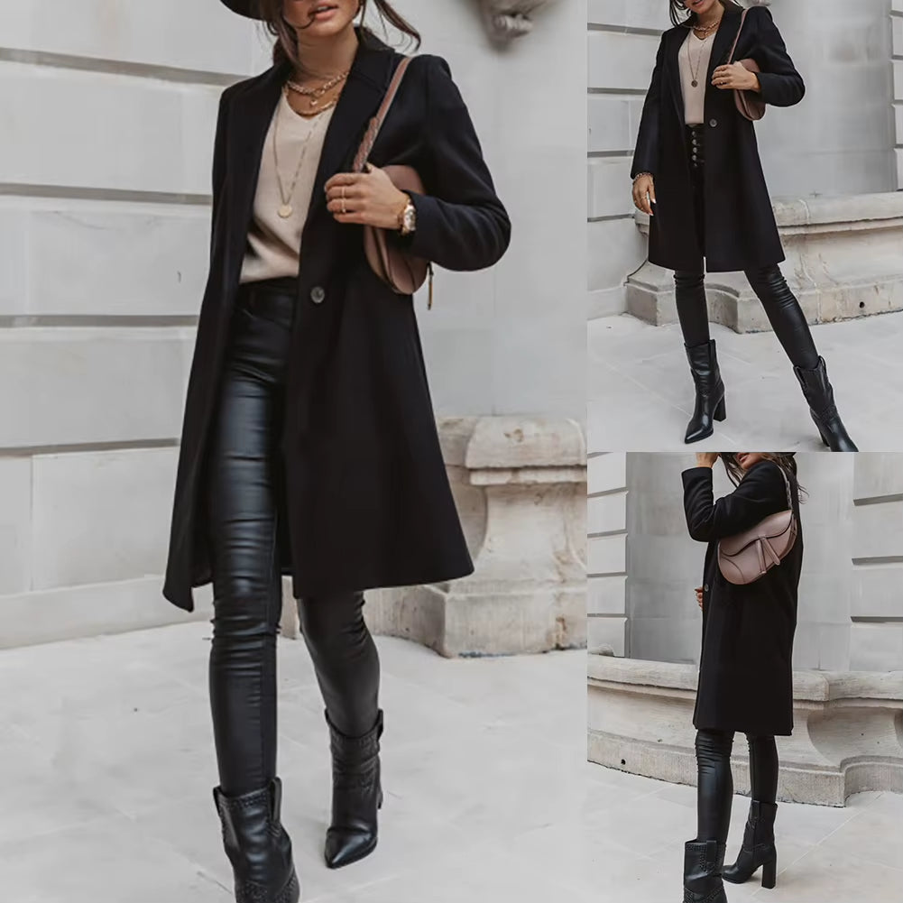 HOT SALES New Arrival Casual Women Autumn Winter Pocket Lapel Overcoat Button Warm Long Coat Jacket Khaki/Light Grey/Black/Beige