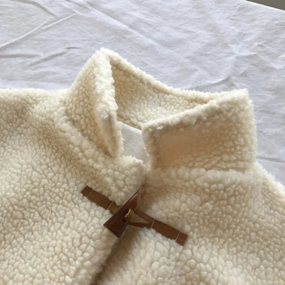 Women'S Lambskin Jacket with Horn Buckle, Stand Collar, Casual, Pure Color, Thin, Winter, Plush, Warm, Female Coat, W900