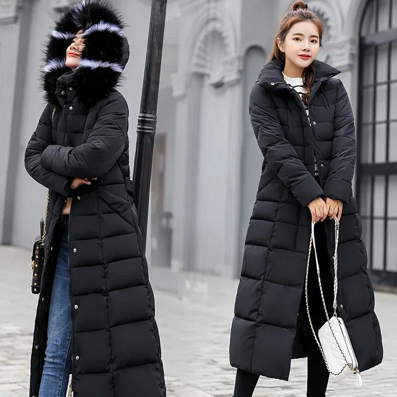 2025 New Winter Jacket Women'S Warm Fashion Bow Belt Fox Fur Collar Coat Long Dress Women'S Thick Coat
