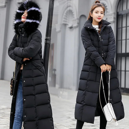 2025 New Winter Jacket Women'S Warm Fashion Bow Belt Fox Fur Collar Coat Long Dress Women'S Thick Coat