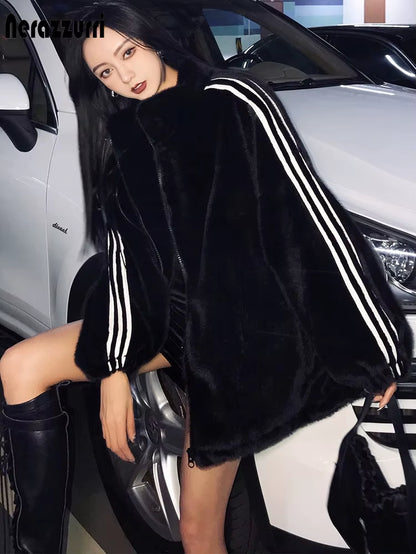 Nerazzurri Zip up Oversized Soft Warm Fluffy Faux Fur Jacket Long Sleeve Color Block Winter Fur Coats for Women Fashion Style