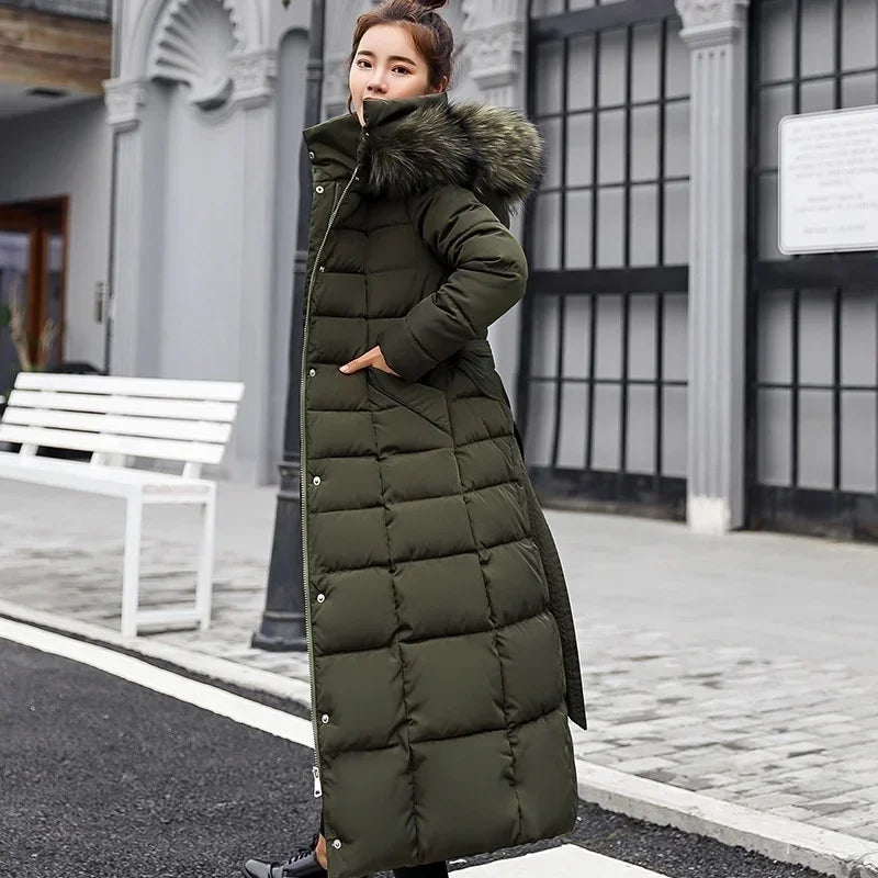 2025 New Winter Jacket Women'S Warm Fashion Bow Belt Fox Fur Collar Coat Long Dress Women'S Thick Coat