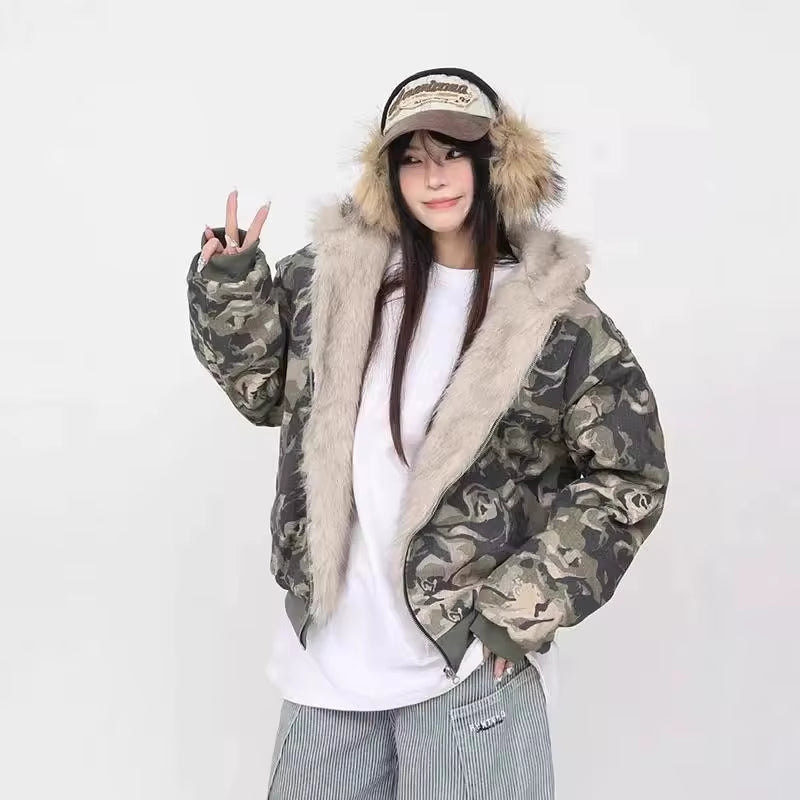Thickened American Washed Camouflage Hooded Jacket Cotton Coat 2025 Winter New Style Men'S Padded Fur Collar Coat Youth Popular