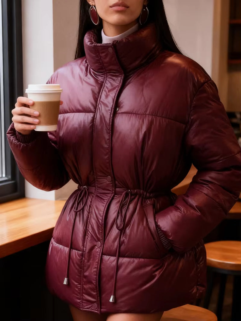 Casual Hooded Cotton Short Jacket Women Stand Collar Zipper Long Sleeve Lace up Loose Warm Coats 2025 Winter Lady Chic Outwear