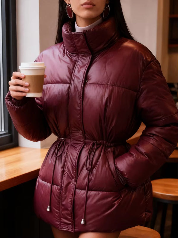 Casual Hooded Cotton Short Jacket Women Stand Collar Zipper Long Sleeve Lace up Loose Warm Coats 2025 Winter Lady Chic Outwear