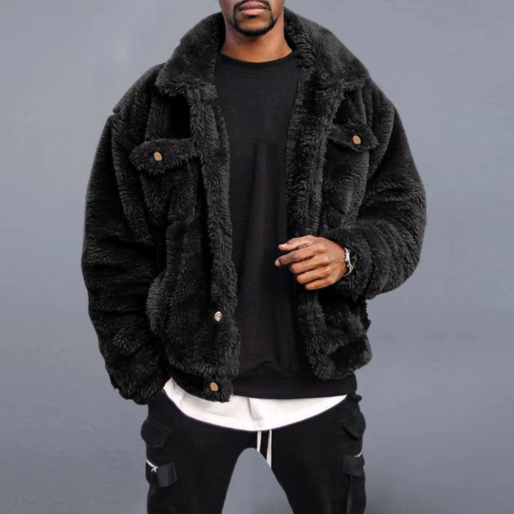 Leisure Men Coat Cozy Winter Jacket Thermal Chest Pockets Jackets Thickened Velvet Men Jacket Plush Fluffy Hip-Hop Style Jacket