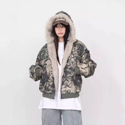 Thickened American Washed Camouflage Hooded Jacket Cotton Coat 2025 Winter New Style Men'S Padded Fur Collar Coat Youth Popular