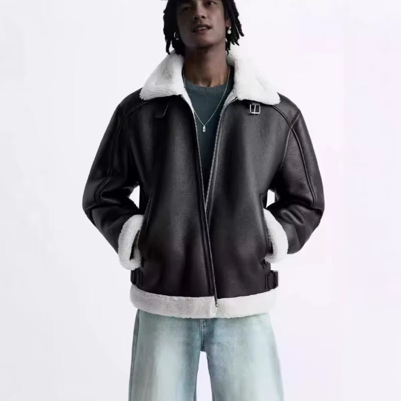 Warm Winter High-Quality Lapel Suede Cashmere Piping Double-Sided Motorcycle Punk Leather Jacket for Men