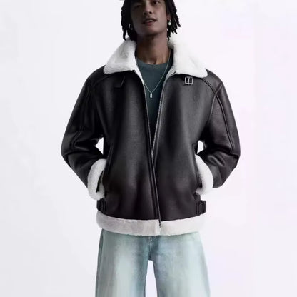 Warm Winter High-Quality Lapel Suede Cashmere Piping Double-Sided Motorcycle Punk Leather Jacket for Men