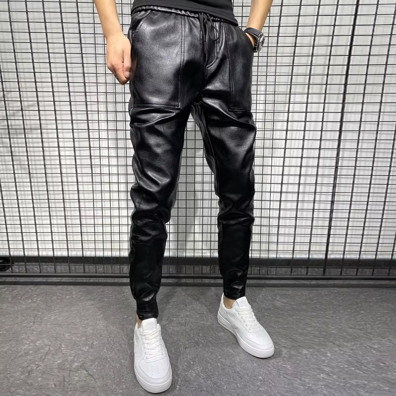 PU Leather Motorcycle Pants Men High Quality Winter Korean Luxury Clothing Big Size Windproof Casual Warm Men'S Trousers Black