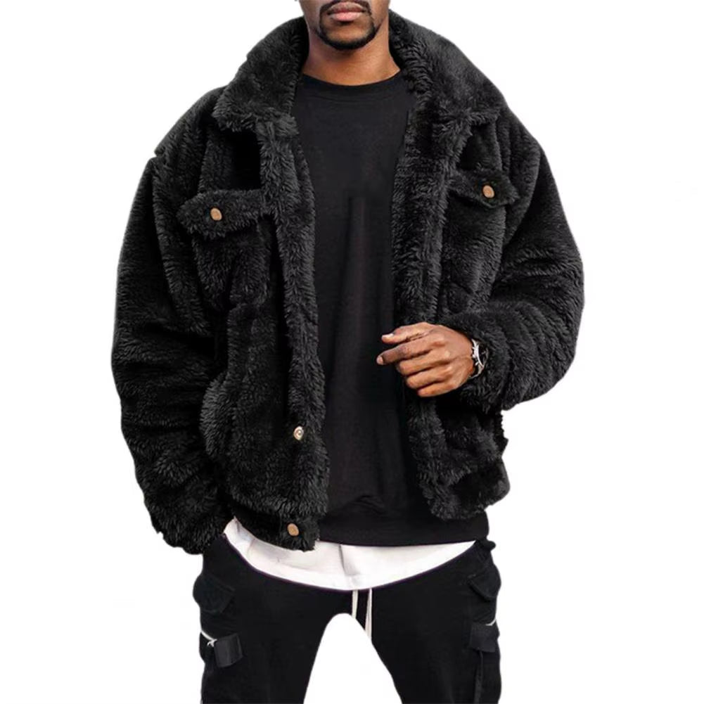 Leisure Men Coat Cozy Winter Jacket Thermal Chest Pockets Jackets Thickened Velvet Men Jacket Plush Fluffy Hip-Hop Style Jacket