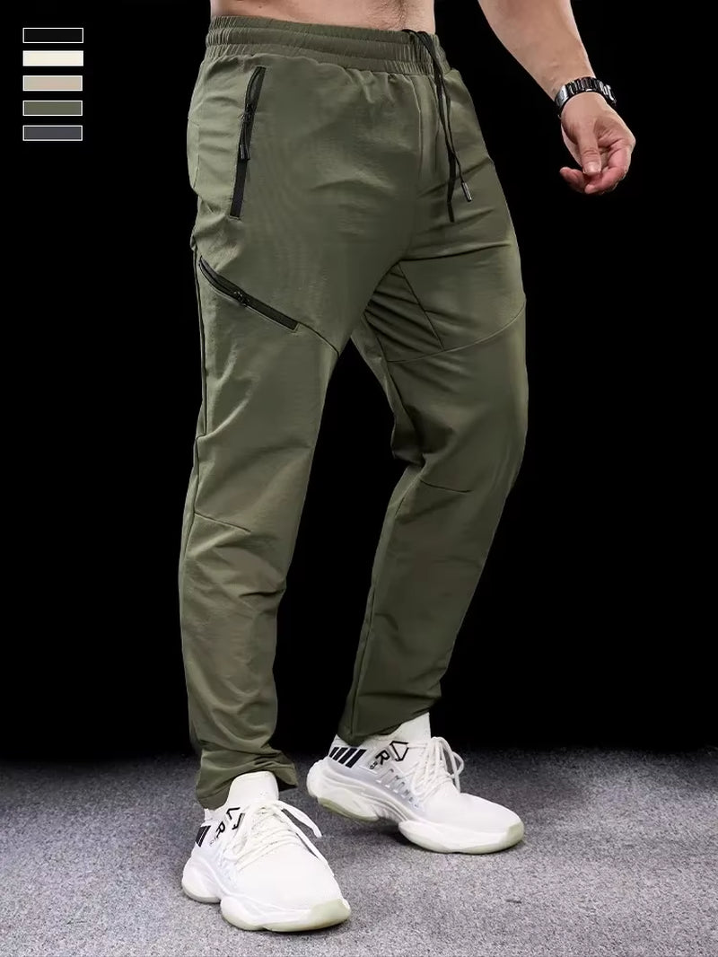 New Autumn Winter Men Quick-Drying Sports Casual Trousers Gym Fitness Running Training Clothes Micro-Elastic Zipper Pocket Pants