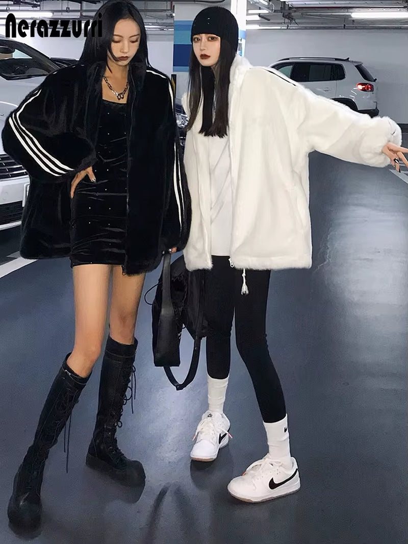 Nerazzurri Zip up Oversized Soft Warm Fluffy Faux Fur Jacket Long Sleeve Color Block Winter Fur Coats for Women Fashion Style