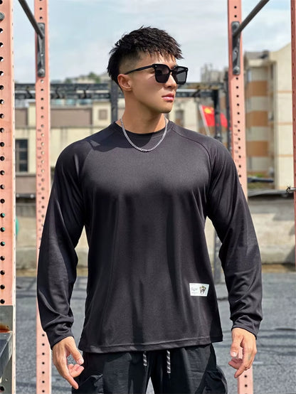 Men Long Sleeved T-Shirt Crew Neck Stretch Fitness Suit Gym Running Training Bodybuilding T-Shirt Men Clothing Bottoming Shirt