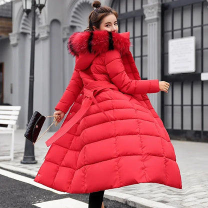 2025 New Winter Jacket Women'S Warm Fashion Bow Belt Fox Fur Collar Coat Long Dress Women'S Thick Coat