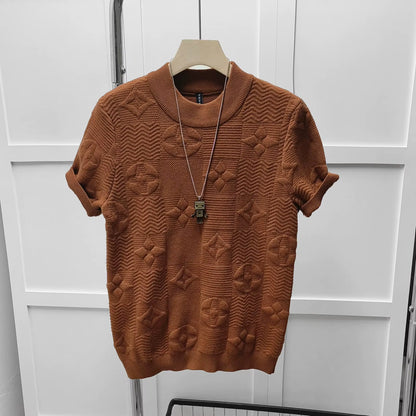 Light Luxury Knitted Sweater Short-Sleeved T-Shirt Young Men'S Trend Fashion Simple Jacquard Half-Sleeved Sweater