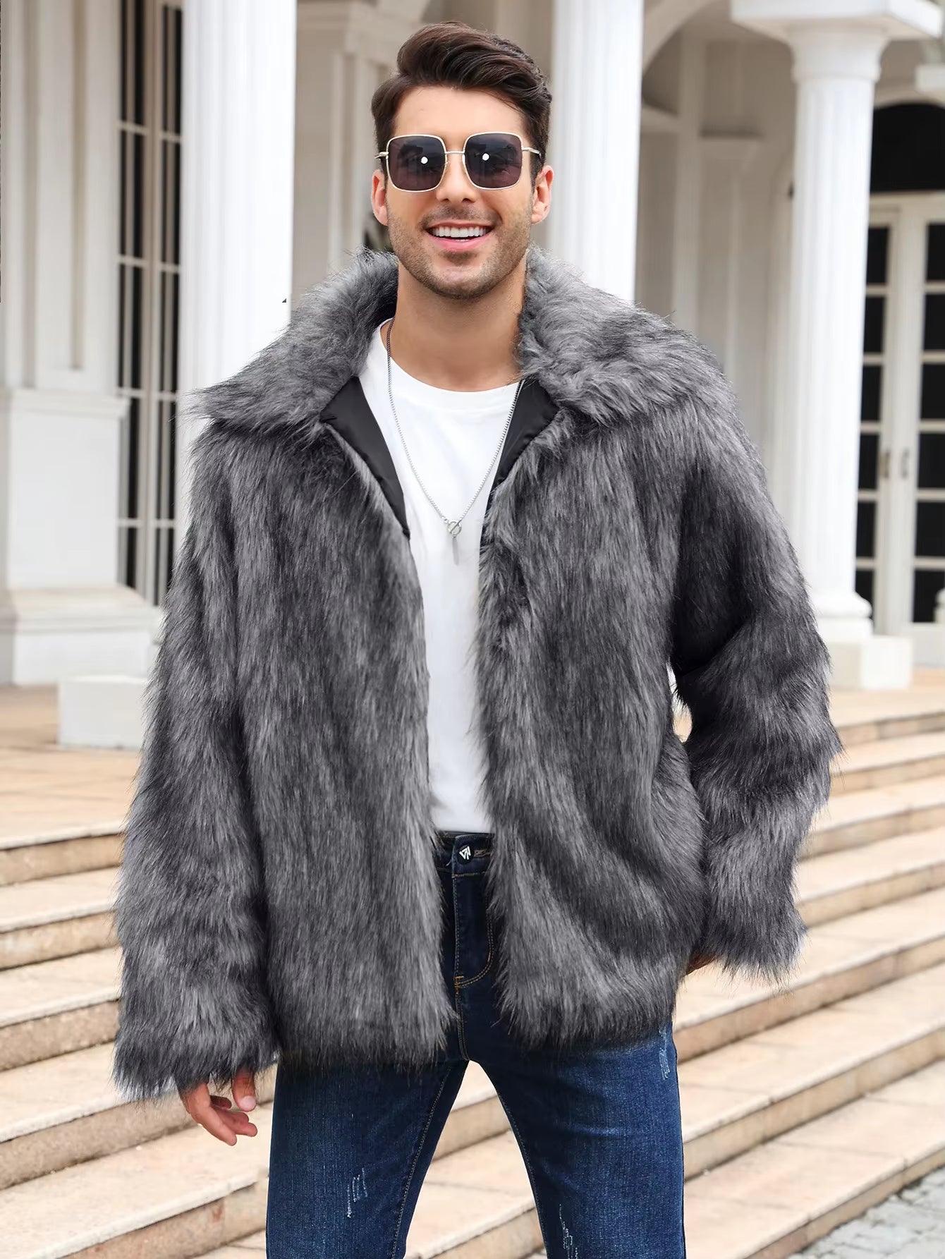 Men Faux Fox Fur Jacket Coat Winter Thick Fluffy Long Sleeve Lapel Warm Shaggy Outerwear Luxury Fur Jacket Bontjas Jackets Mens