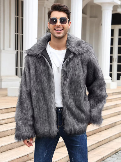 Men Faux Fox Fur Jacket Coat Winter Thick Fluffy Long Sleeve Lapel Warm Shaggy Outerwear Luxury Fur Jacket Bontjas Jackets Mens