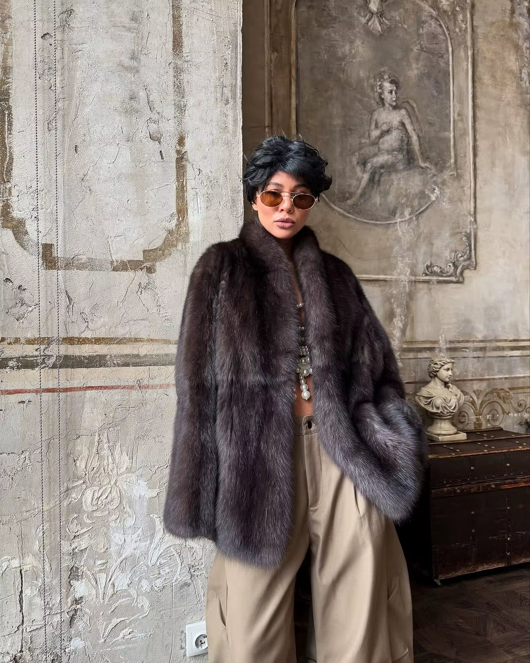 Brown Medium-Length Fur Coat Women Lapel Hidden Button Loose Elegant Outerwear 2025 Fashion Office Lady Commute Overcoat New