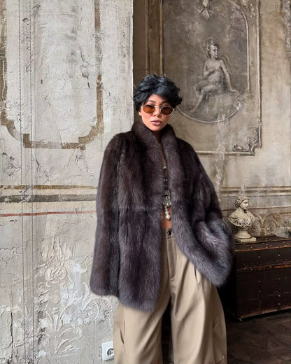 Brown Medium-Length Fur Coat Women Lapel Hidden Button Loose Elegant Outerwear 2025 Fashion Office Lady Commute Overcoat New