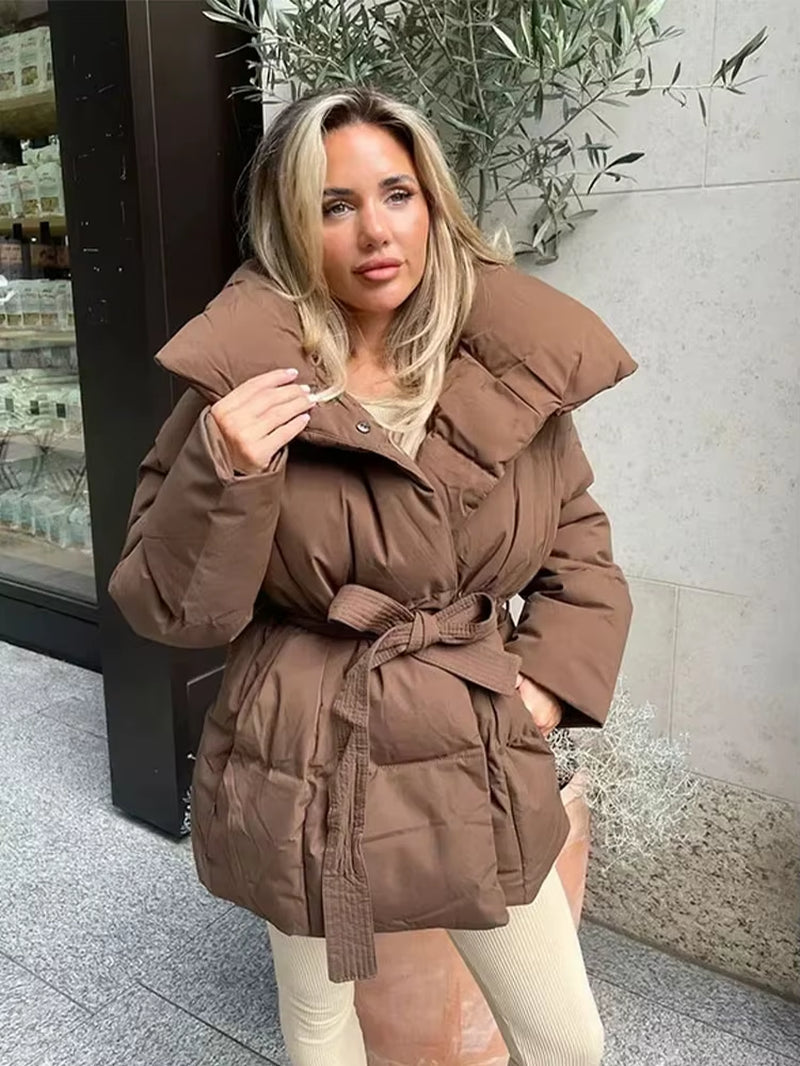 Solid Color Lapel Tied Cotton Coat Women Fashionable Long Sleeved Waist Cinched Warm Jacket Lady Casual Commute Winter Outwear